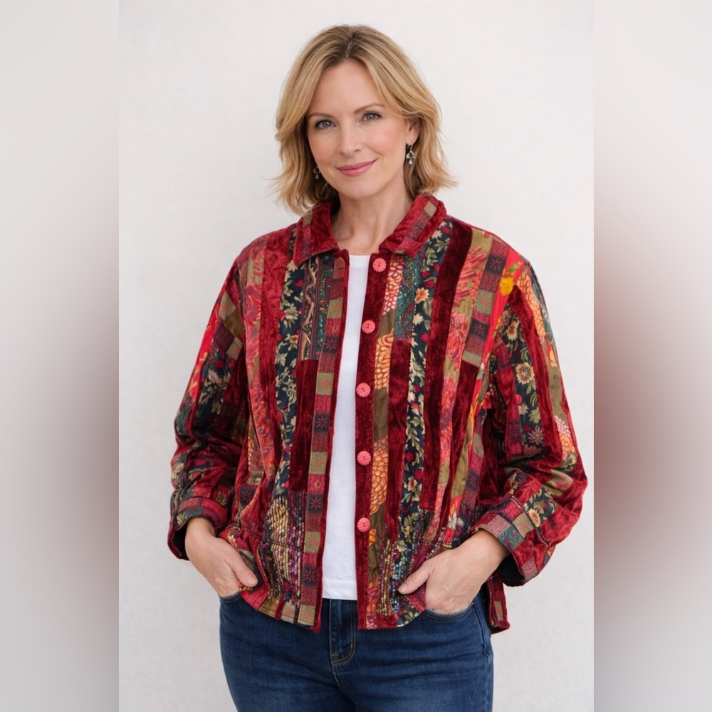 VTG Coldwater Creek Patchwork Velvet Jacket 2X Boho Paisley Sequin Lined